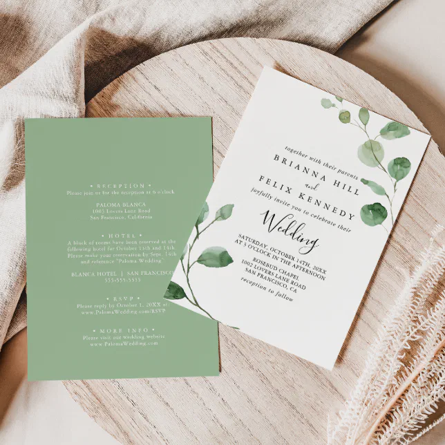 Minimalist Green Eucalyptus Front & Back Wedding Invitation | Zazzle