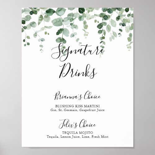 Minimalist Green Eucalyptus Signature Drinks Sign