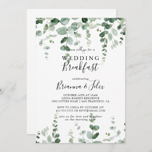 Minimalist Green Eucalyptus Wedding Breakfast  Invitation