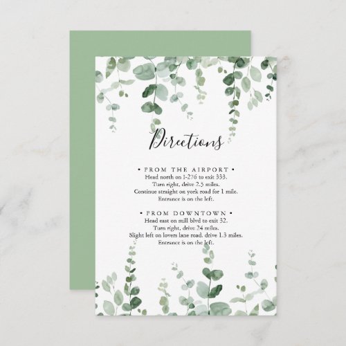 Minimalist Green Eucalyptus Wedding Directions Enclosure Card