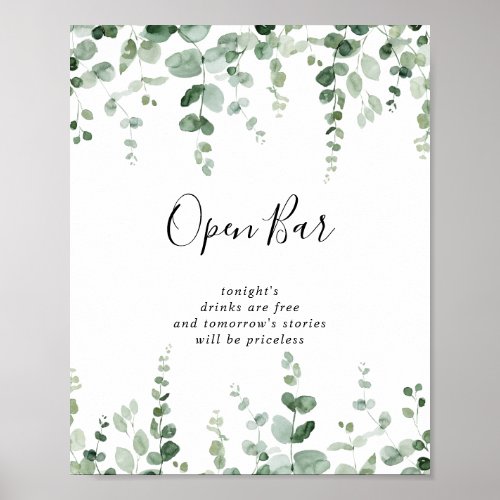 Minimalist Green Eucalyptus Wedding Open Bar Sign