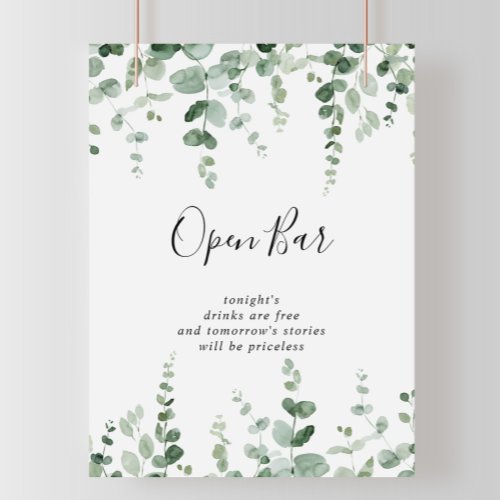 Minimalist Green Eucalyptus Wedding Open Bar Sign