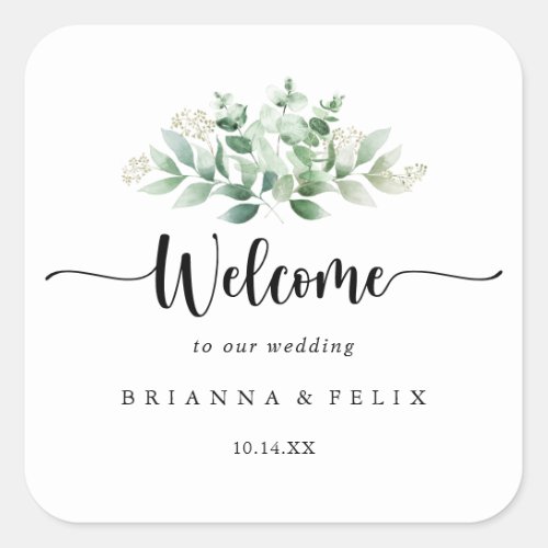 Minimalist Green Eucalyptus Wedding Welcome   Square Sticker