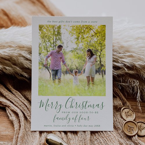 Minimalist Green Family of Four Pregnancy Photo Holiday Card