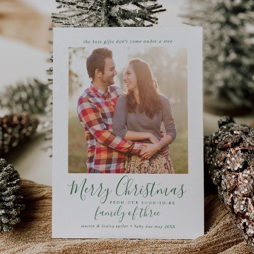 Minimalist Green Family of Three Pregnancy Photo Holiday Card
