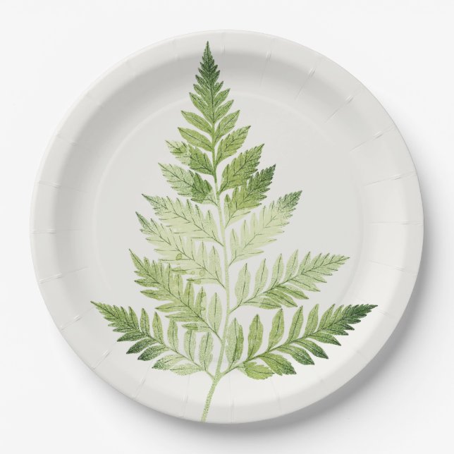 Minimalist Green Fern Botanical Illustration Paper Plates (Front)