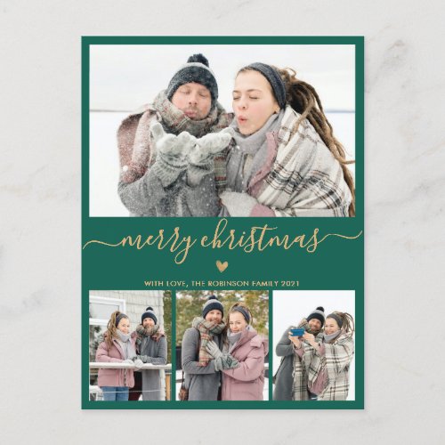 Minimalist Green Gold 4 Photo Collage Christmas Postcard