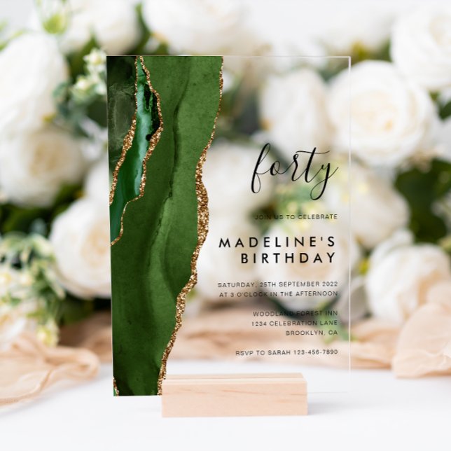 Minimalist Green Gold Agate Geode 40th Birthday Acrylic Invitations (Creator Uploaded)
