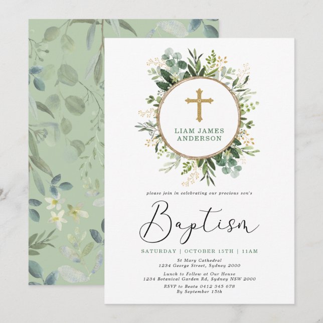 Minimalist Green Gold Botanical Greenery Baptism Invitation (Front/Back)