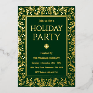 Minimalist Green & Gold Holiday Gathering Foil Invitation