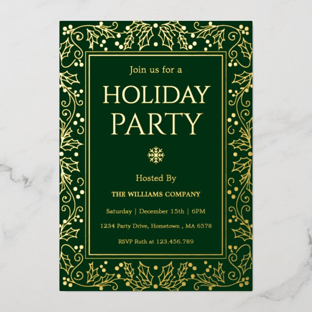 Minimalist Green & Gold Holiday Gathering Foil Invitation (Front)
