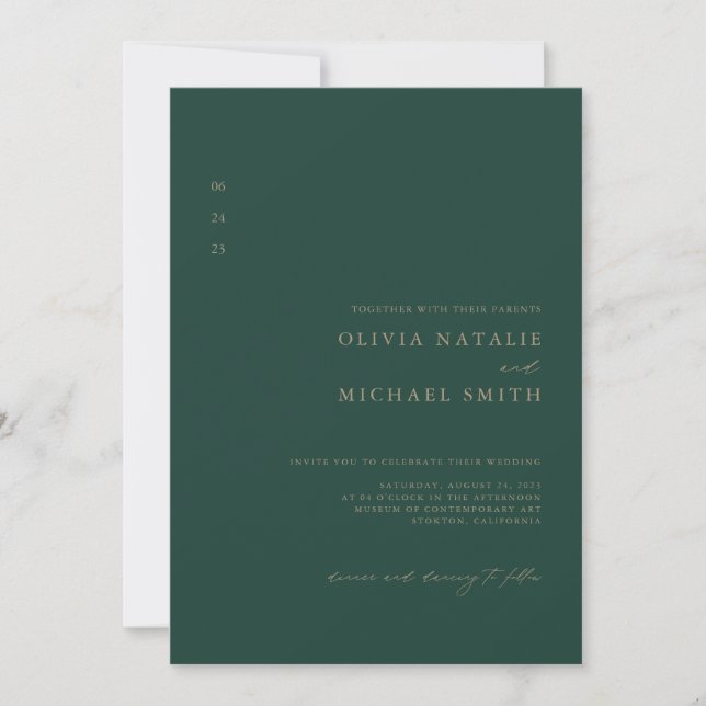 Minimalist Green & Gold QR Code All In One Wedding Invitation (Front)