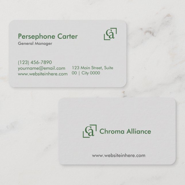 Minimalist Green Gray Clean Modern Managers Business Card (Front/Back)