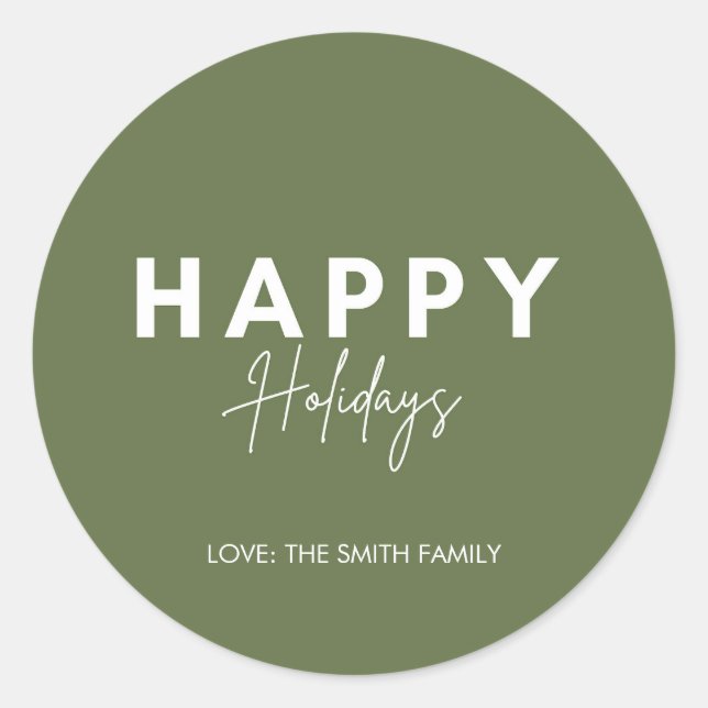 Minimalist Green Happy Holidays Personalize Classic Round Sticker (Front)
