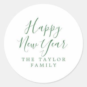 Minimalist Green Happy New Year Holiday Gift Classic Round Sticker
