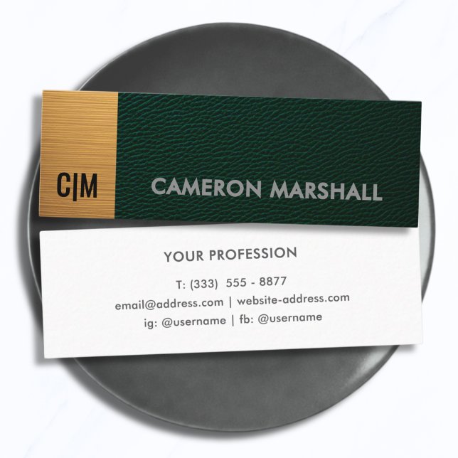 Minimalist Green Leather Monogram with White Back Mini Business Card (Creator Uploaded)