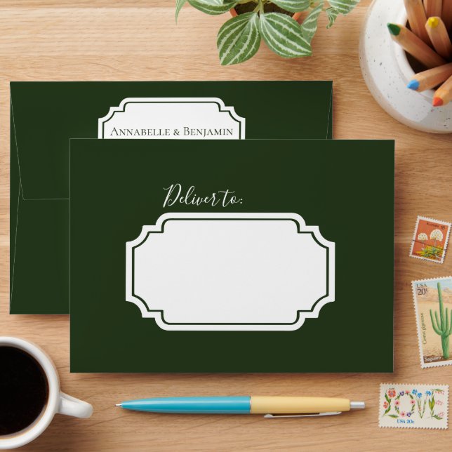 Minimalist Green Leaves and Berries Winter Wedding Envelope (Desk)