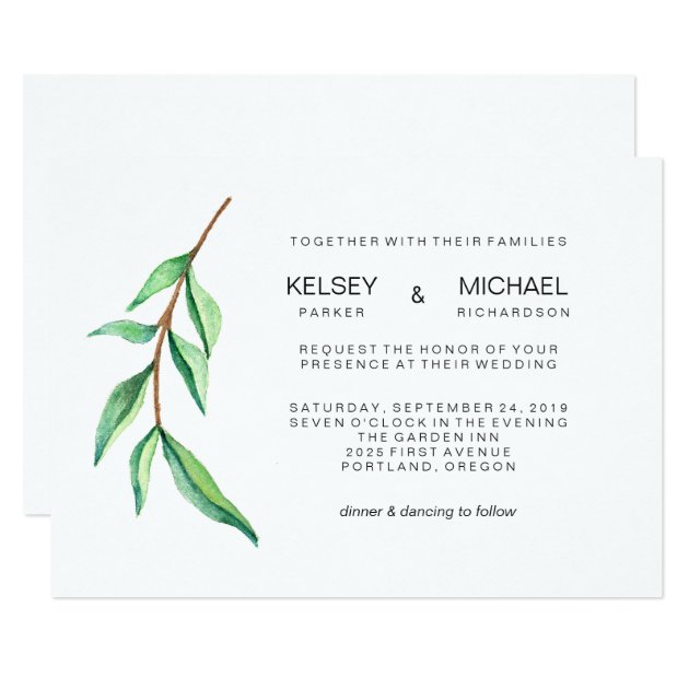 Minimalist Green Leaves Modern Wedding Invitation