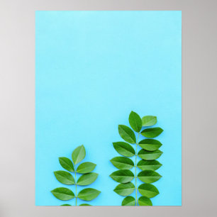 Minimalist Green Leaves on Blue Background Botanic Poster