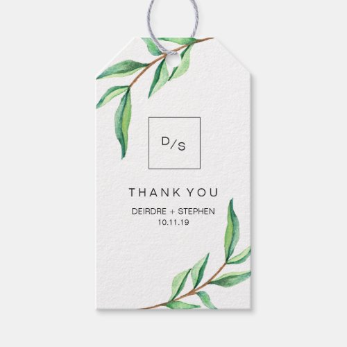 Minimalist Green Leaves on White Thank You Gift Tags