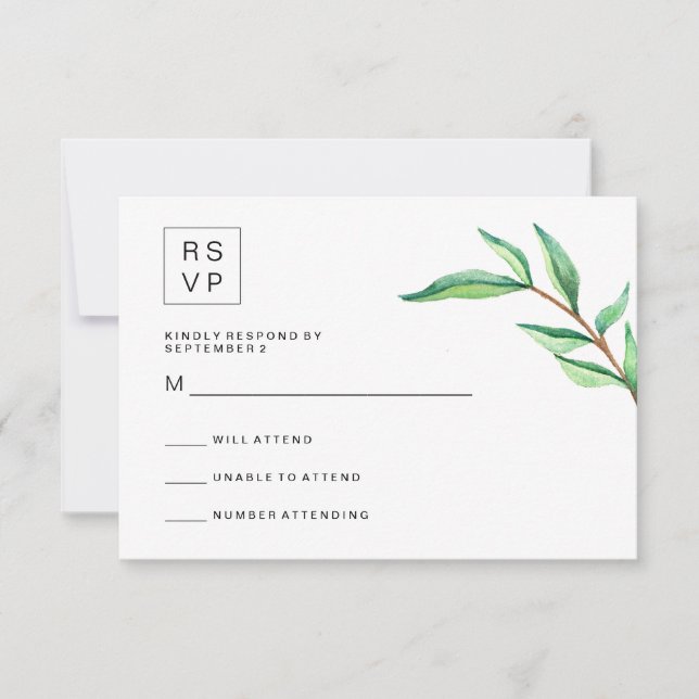 Minimalist Green Leaves on White Wedding RSVP (Front)