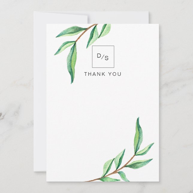 Minimalist Green Leaves on White Wedding Thank You (Front)