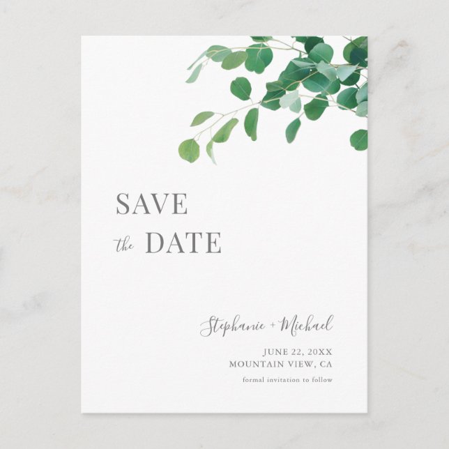 Minimalist Green Leaves Save the Date Custom Invitation Postcard (Front)
