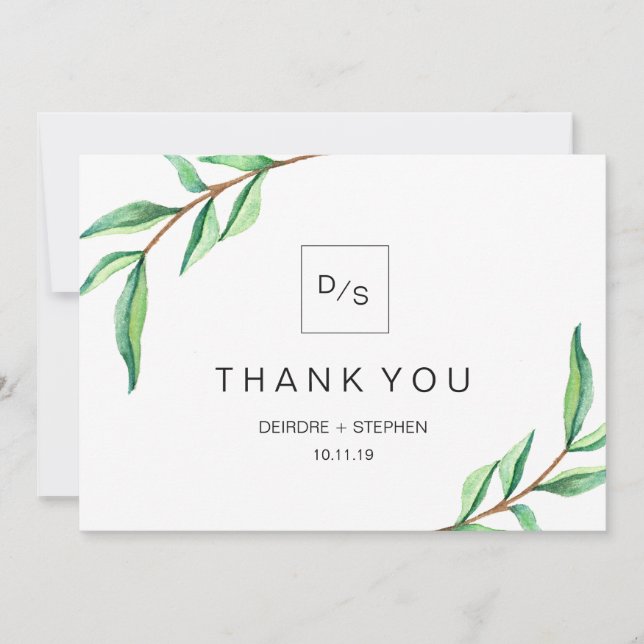 Minimalist Green Leaves | Thank You with Monograms (Front)