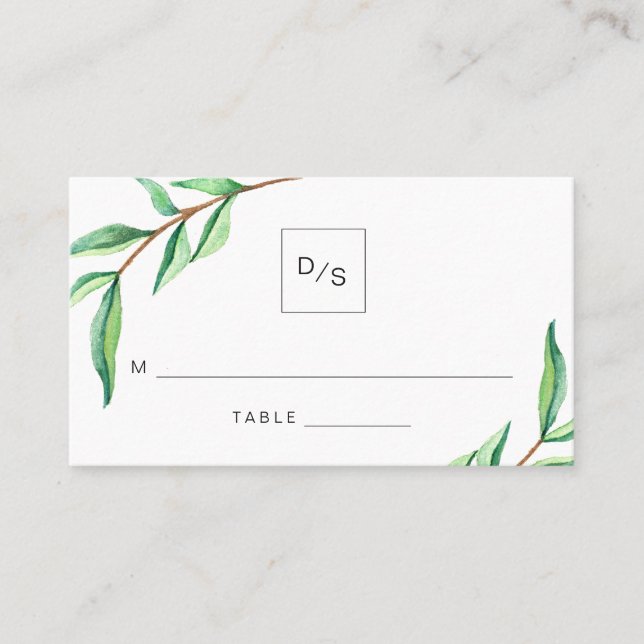 Minimalist Green Leaves Wedding Escort Cards (Front)