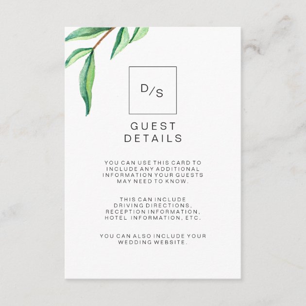 Minimalist Green Leaves Wedding Guest Details Enclosure Card