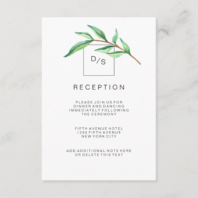 Minimalist Green Leaves Wedding Reception Enclosure Card (Front)