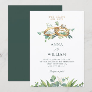 Minimalist green leaves wedding ring invitation
