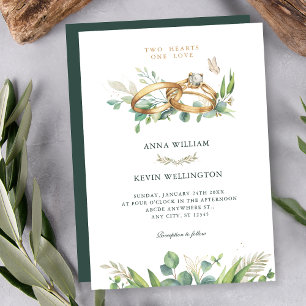 Minimalist green leaves wedding ring invitation