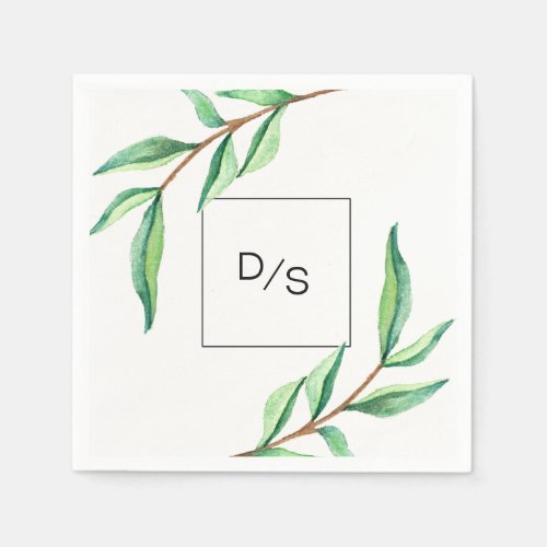 Minimalist Green Leaves with Monogram Wedding Napkins