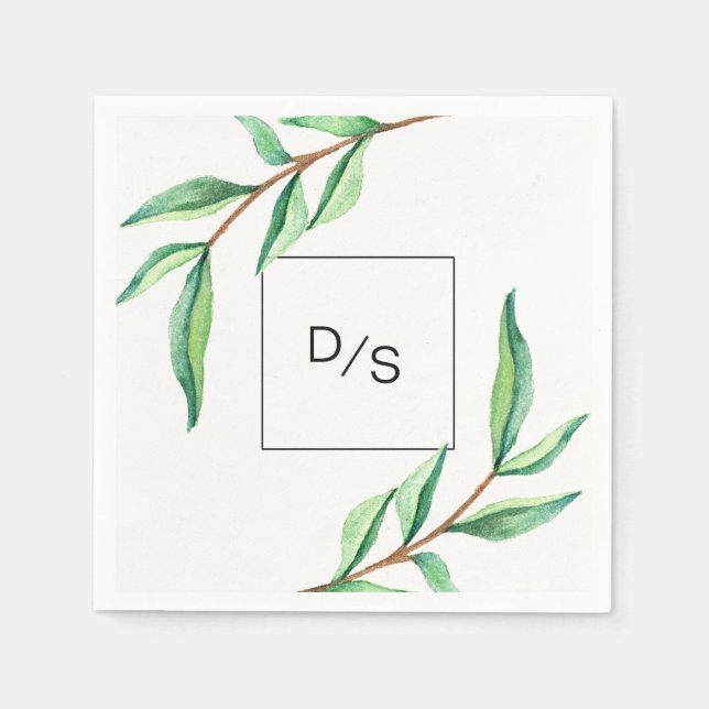 Minimalist Green Leaves with Monogram Wedding Napkins (Front)