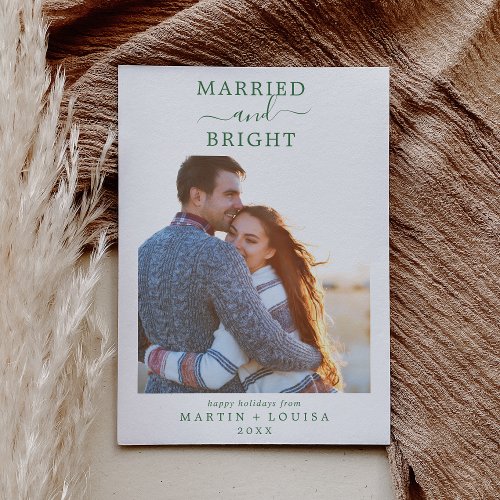 Minimalist Green Married and Bright Newlywed Photo Holiday Card
