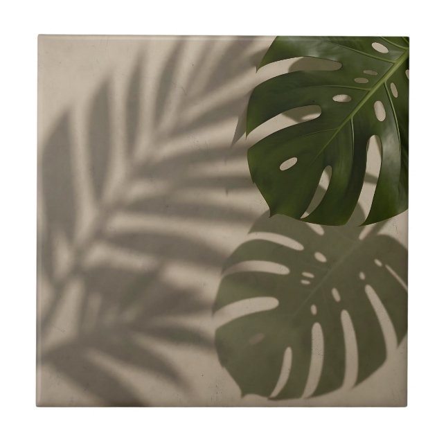 Minimalist Green Monstera Leaf Tropical Shadow Ceramic Tile (Front)