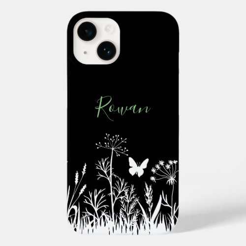 Minimalist Green Name Black and White Butterfly Case_Mate iPhone 14 Case