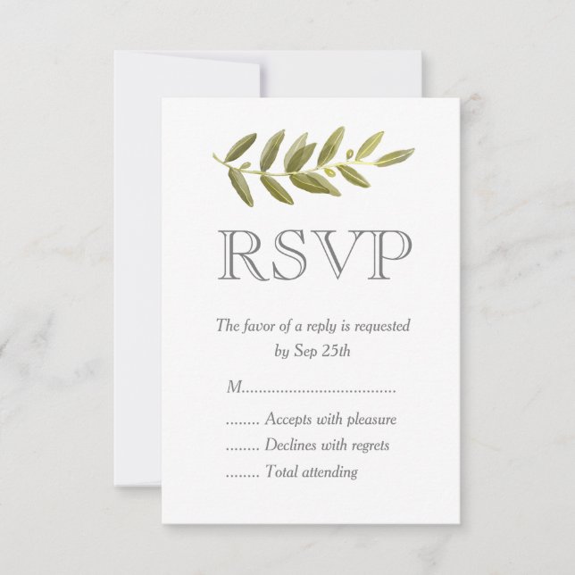 Minimalist Green Olive Leaf Wedding RSVP Cards (Front)