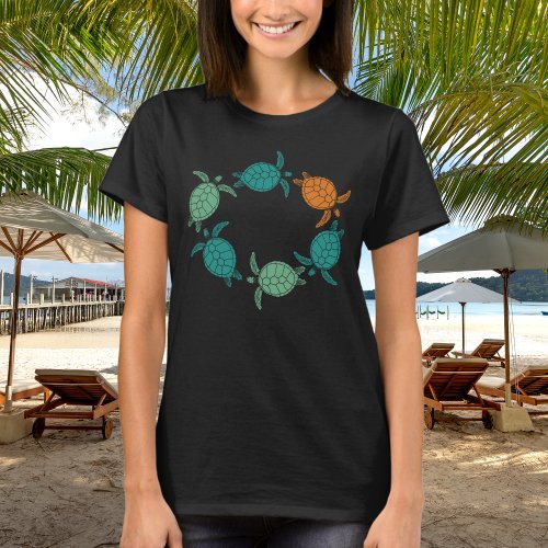 Minimalist green orange sea turtles swimming ocean T_Shirt