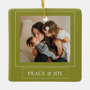 Minimalist Green Peace And Joy Christmas Photo Ceramic Ornament