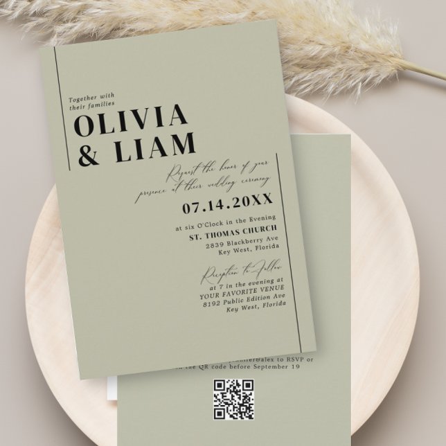 Minimalist Green Sage All One RSVP QR Code Wedding Invitation (Creator Uploaded)