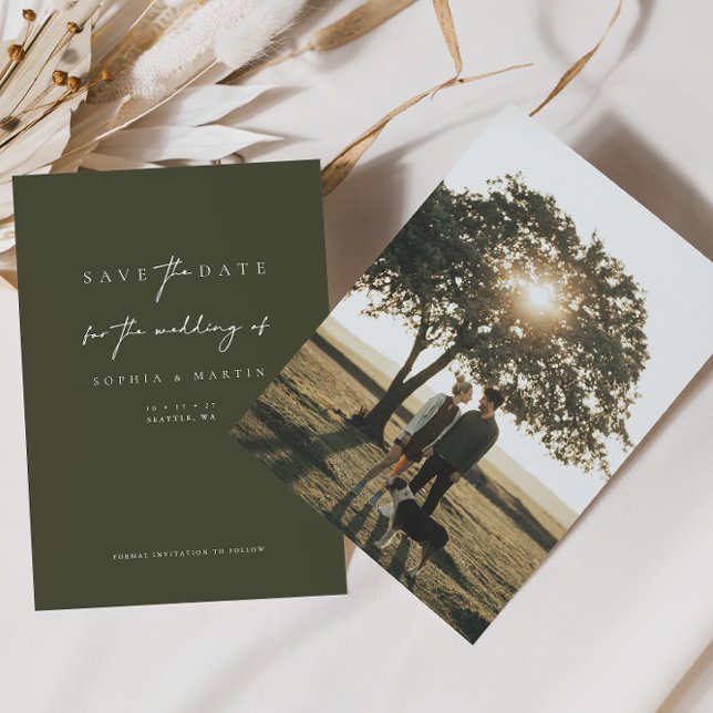 Minimalist Green Script Photo Save the Date Card (Creator Uploaded)