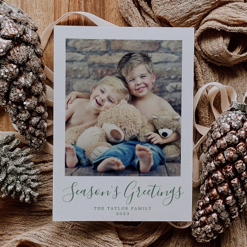 Minimalist Green Seasons Greetings Portrait Photo Holiday Card