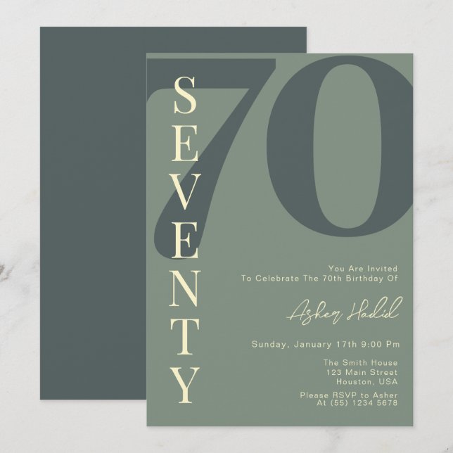 Minimalist Green Seventy 70th Birthday Invitation (Front/Back)