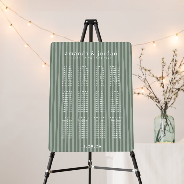 Minimalist Green Striped Seating Chart Foam Board (In Situ (Stand))
