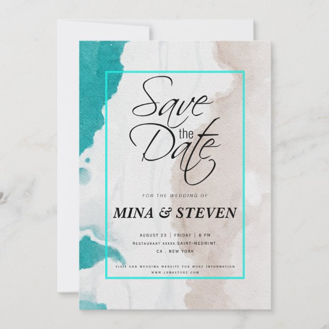 Minimalist green  Summer Ocean Beach Wedding Save The Date (Front)