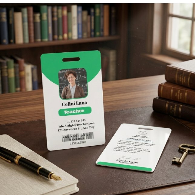 Minimalist Green Teacher Photo ID Badge (Minimalist Green Teacher Photo ID Badge with Simple White Typography)