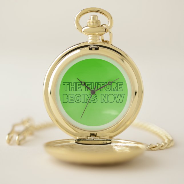 Minimalist Green The Future Begins Now Typography Pocket Watch (Inside)