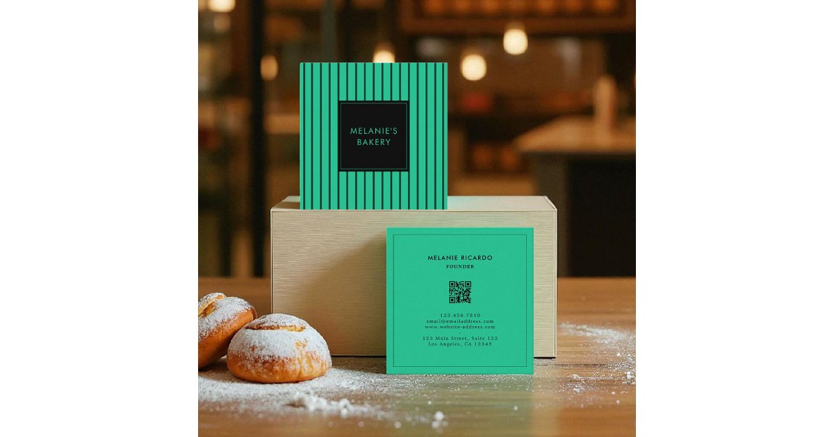 Minimalist Green Tosca Stripes QR Code Bakery Square Business Card | Zazzle